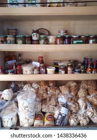 Brasilia, Brazil, August 04, 2019: A Wooden Shelf With Natural And Organic Products Of Various Types And Flavors, Jams, Cookies, Nuts, Peppers, Preserves.