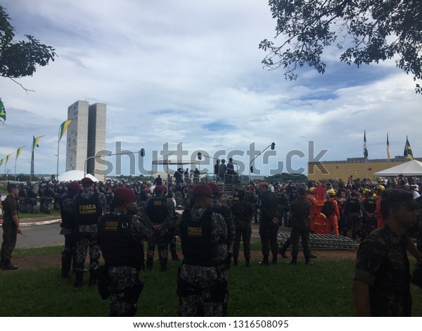 Brasilia, Brazil, January 1, 2019: Jair\
Bolsonaro assumed the position of president of Brazil. Army, Navy\
and Air Force with equipment at Three Powers Square. Ceremony at\
the National\
Congress.