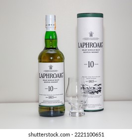 Brasilia,DF, Brazil,November 01, 2022: Laphroaig Islay Single Malt Scotch Whiskey, Isolated In Selective Focus With Glen Cairn Glass