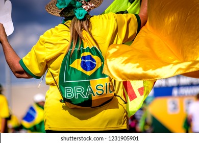 Brasilia/DF/Brazil - 04-17-2016: Brazilian dressed in green and yellow at the impeachment party of Dilma Rousseff