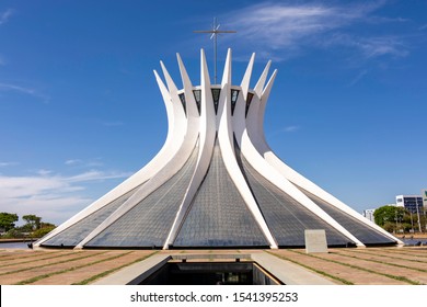 Brasilia/Distrito Federal/Brazil- OUT 14 2019: Entrance of the Metropolitan Cathedral Our Lady Aparecida