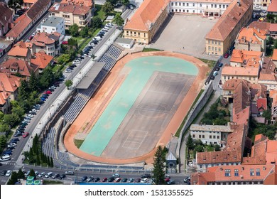 Brasov, Romania- 2019: Cityscape View From Above Of The Stadium In The Old Town. Sportiv Complex Ion Tiriac, Brasov, Transylvania Landmark, Romania