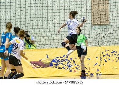 Brasov, Romania - August 25,2019: Handball Player Lopez Herrero Marta During The Game Between CSM Bucharest And SCM Rm. Valcea Count For Romanian Supercup 2019.