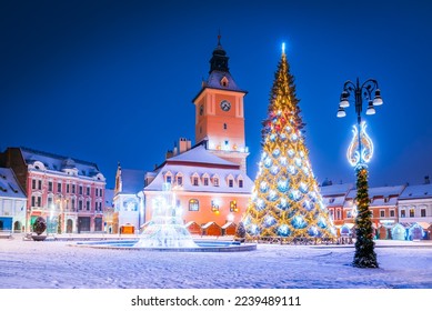 Brasov, Romania. Snowy night with Christmas Market and Tree winter season decorations in historical Transylvania. - Powered by Shutterstock