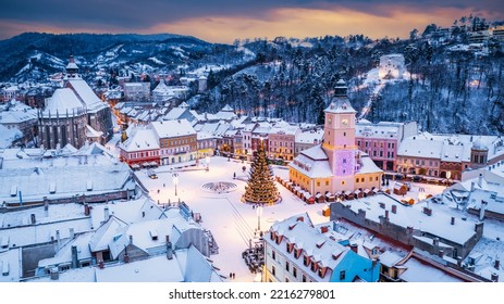 Brasov, Romania. Winter Christmas aerial view of Council Square and Christmas Tree, Transylvania landmark, Eastern Europe - Powered by Shutterstock