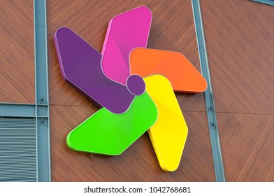 Brasov, Romania-10 March 2018: Colorful Coresi Logo Close Up Shot On The Mall Wall.