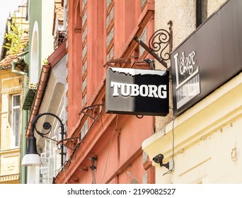 Brasov, Romania-Aug 2022: Tuborg Beer Street Sign On Local Restaurant.