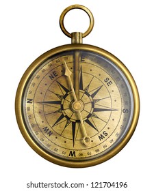 brass antique compass isolated on white