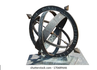  Brass armillary sphere on a stone pedestal isolated on white  background 