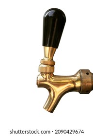 Brass Beer Tap Or Beer Faucet, Side View. Close Up Of Standard Or Rear-closing Faucet. Yellow Gold Forged Faucet Body And Black Tap Knob To Pull Or Dispense Draft Beer, Cider Or Long Drinks. Isolated.