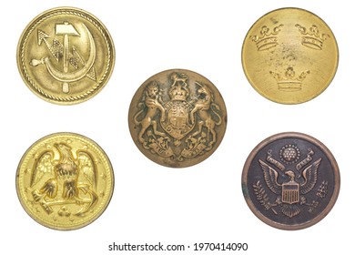 Brass, Copper Metal Uniform Vintage Round Buttons. Sweden Gold Plated 
Three Crowns. Civil War-era, WWII US Navy Uniform Eagle And Shield Military. UK Great Britain. USSR Signalman, Operator.