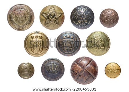 Brass, copper metal uniform vintage round old used buttons. Russian Empire, USSR, Latvia, Lithuania and German leather button. Star, crown, eagle wings. White isolated background. Real big photos.