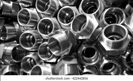 Brass Fittings background, nuts and bolts - Black and White