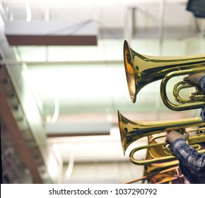 Brass Instruments In School Band With Empty Space