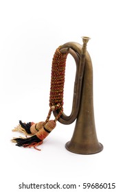 Brass Military Bugle Over White