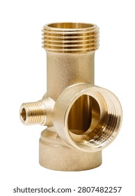 Brass plumbing fitting with three threaded connections. One outlet extends vertically upward. Another connects sideways with an open bore. Third faces forward toward viewer