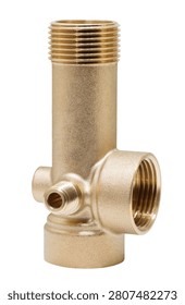 Brass plumbing fitting with three threaded connections. One outlet extends vertically upward. Another connects sideways with an open bore. Third faces forward toward viewer