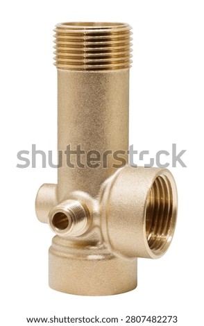 Brass plumbing fitting with three threaded connections. One outlet extends vertically upward. Another connects sideways with an open bore. Third faces forward toward viewer