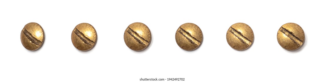 Brass round head screw from different perspectives on a white background - Powered by Shutterstock