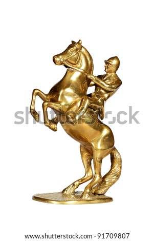 Brass statue of the jockey on a horse isolated over white with clipping path.