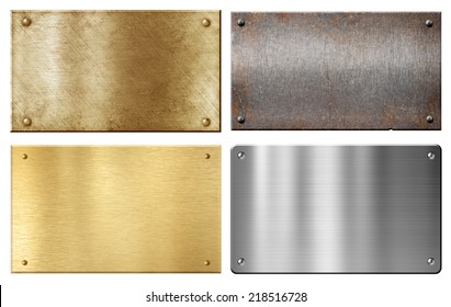 brass, steel, aluminum metal plates set isolated on white