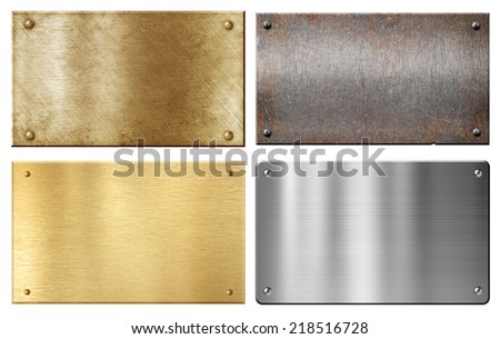 brass, steel, aluminum metal plates set isolated on white