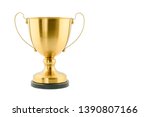 Brass steel trophy, dual handle neo-classic, isolated on white. Trophy is a tangible, durable reminder of a specific achievement, serves as recognition / evidence of merit, awarded for sporting events