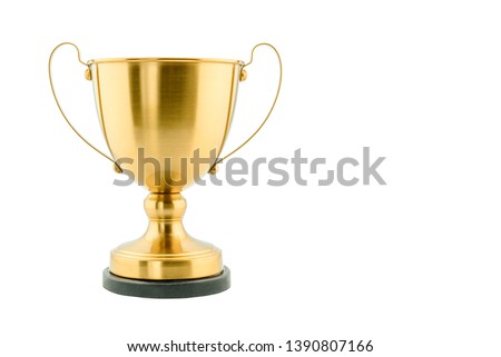 Brass steel trophy, dual handle neo-classic, isolated on white. Trophy is a tangible, durable reminder of a specific achievement, serves as recognition / evidence of merit, awarded for sporting events
