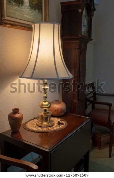 Brass Table Lamp Turned Wood Vases Stock Photo Edit Now 1275891589