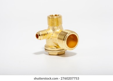 Brass tee pipe fitting with threaded connections isolated on white background, ideal for plumbing system design, water supply installations, HVAC layouts or industrial piping component catalogs.