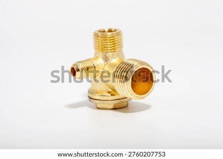 Brass tee pipe fitting with threaded connections isolated on white background, ideal for plumbing system design, water supply installations, HVAC layouts or industrial piping component catalogs.