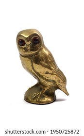 Brass Vintage Antique Owl Figures on White Background