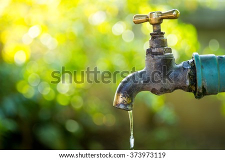 Brass water tap in nature background.