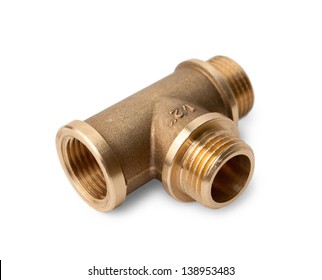 Brass water-pipe tee isolated on white background