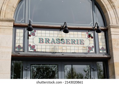 Brasserie Restaurant Text Sign Paint On Wall Facade French Building City Street