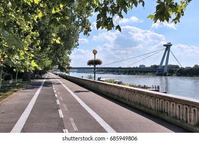 Bratislava, Capital City Of Slovakia. Danube River Waterfront - Cycling Path Along Embankment.