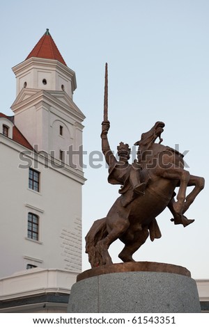 Bratislava castle after renovation with statue of king Svatopluk, Slovakia