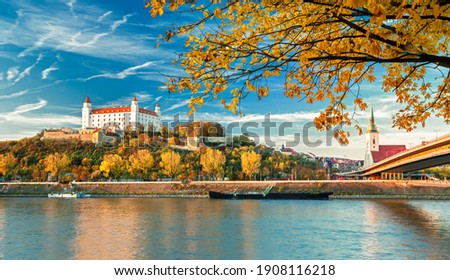 Bratislava castle, Danube river and Bratislava old town autumn view, Slovakia