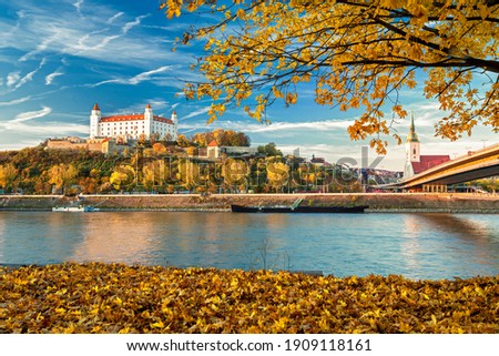 Bratislava castle, Danube river and Bratislava old town autumn view, Slovakia