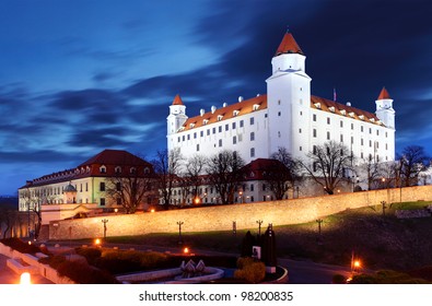 Bratislava castle from parliament at twilight with dramatic clouds - Slovakia