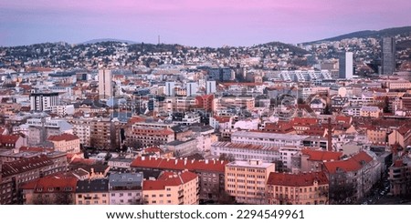 Bratislava city downtown skyline with red-rooftop houses in the old town of the capital city, Slovakia, aerial view