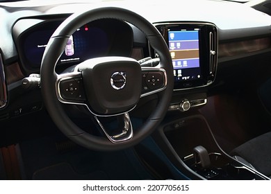 BRATISLAVA, SK – SEPTEMBER 23, 2022:  Interior, Steering Wheel And Touch Screen Display Of Modern Swedish Battery Electric Compact Crossover SUV Car Volvo C40, Displayed On Motorshow In Bratislava