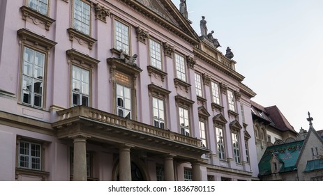 Bratislava, Slovak Republic - 10.04.2018: Courtyard Of Primates Palace,old Town,  Hall Of Mirrors, Bridge In Bratislava Slovakia, 