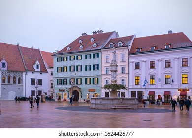 Bratislava / Slovakia - 03 January 2020: Main Square Of Bratislava Hlavne Namestie With Walking People, Motion Blur.