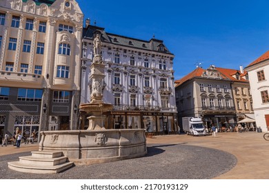 Bratislava, Slovakia: 14 May 2022 - Maximilian Fountain. Bratislava Main Square (Hlavné Námestie), Slovakia