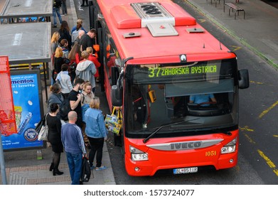 Bratislava, Slovakia. 2019/10/21. People Are Getting On A Bus In Bratislava.