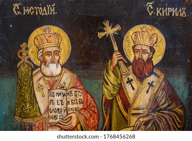Bratislava, Slovakia, 2020/6/25. Byzantine icon of Saints Cyril and Methodius, the two brothers who were Byzantine missionaries, the "Apostles to the Slavs". The icon is found in a private chapel.