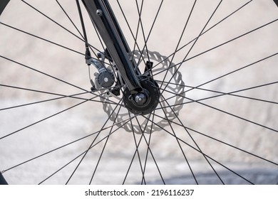 Bratislava, Slovakia - 24 August 2022: Disc Brake On A Bicycle. Close Up Photo.