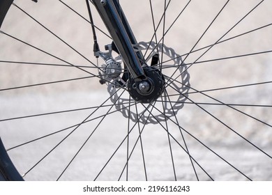 Bratislava, Slovakia - 24 August 2022: Disc Brake On A Bicycle. Close Up Photo.