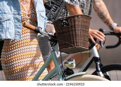 Bratislava, Slovakia - 24 August 2022: Selective Focus Of Handlebar And Wicker Basket Of Woman Bicycle.